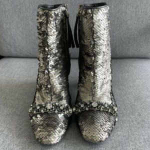 N21 DESIGNER SILVER SEQUIN BOOTIE BOOTS SIZE 7